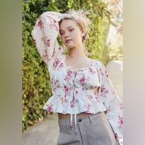 Free People Mandy Cotton Peplum Long Sleeve Floral Blouse - Size Small